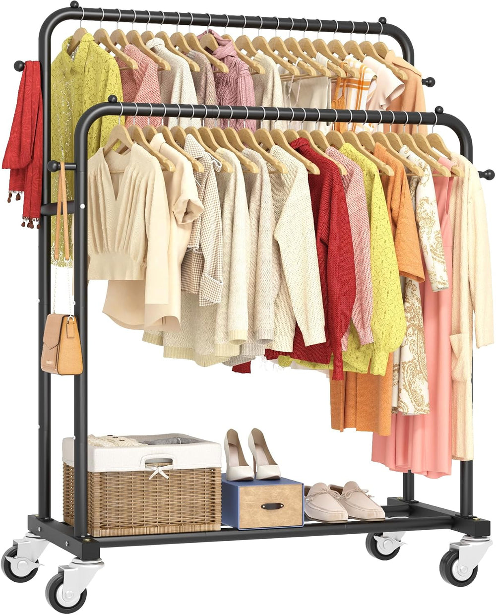 Laiensia Double Rods Garment Rack with Wheels, Clothing Rack for Hanging Clot...