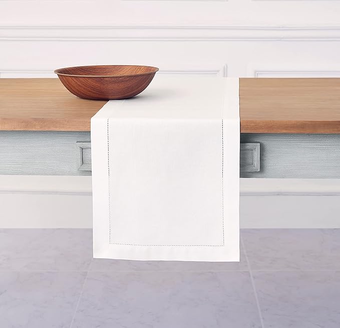Solino Home White Table Runner 90 Inches Long - Cotton Linen Hemstitch 14 x 9...