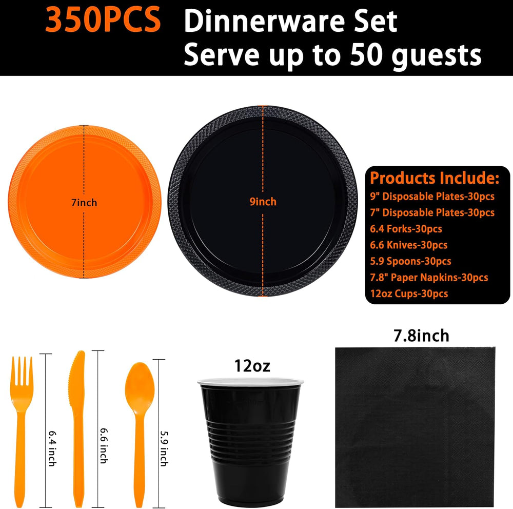 LUODA MirthMood 350PCS black and orange Plastic Plates,Black Disposable Plate...