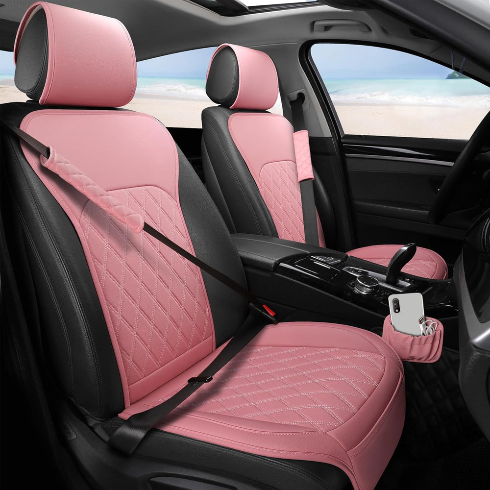 Front Car Seat Covers - Leather Seat Covers with Storage Pocket and Two Belt ...
