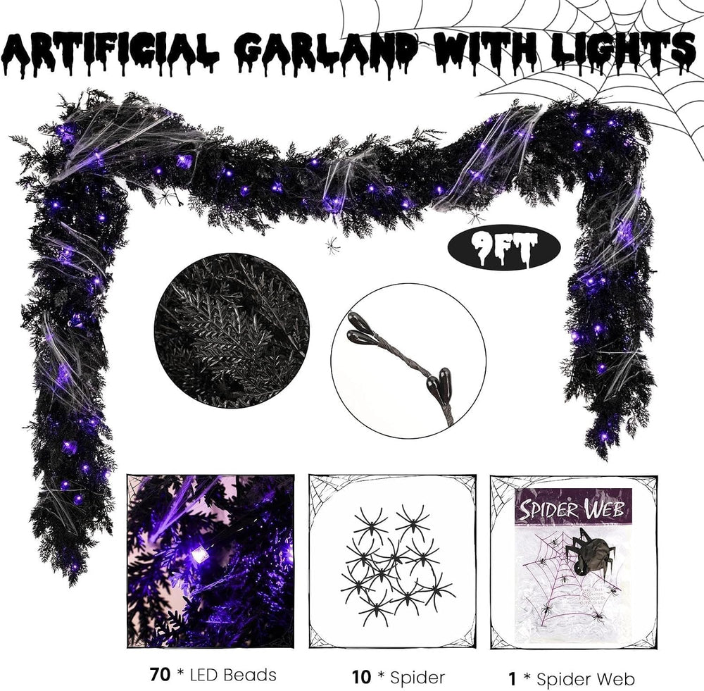Pre-lit Halloween Garland Decorations Black Real Touch Cedar Cypress with Ber...