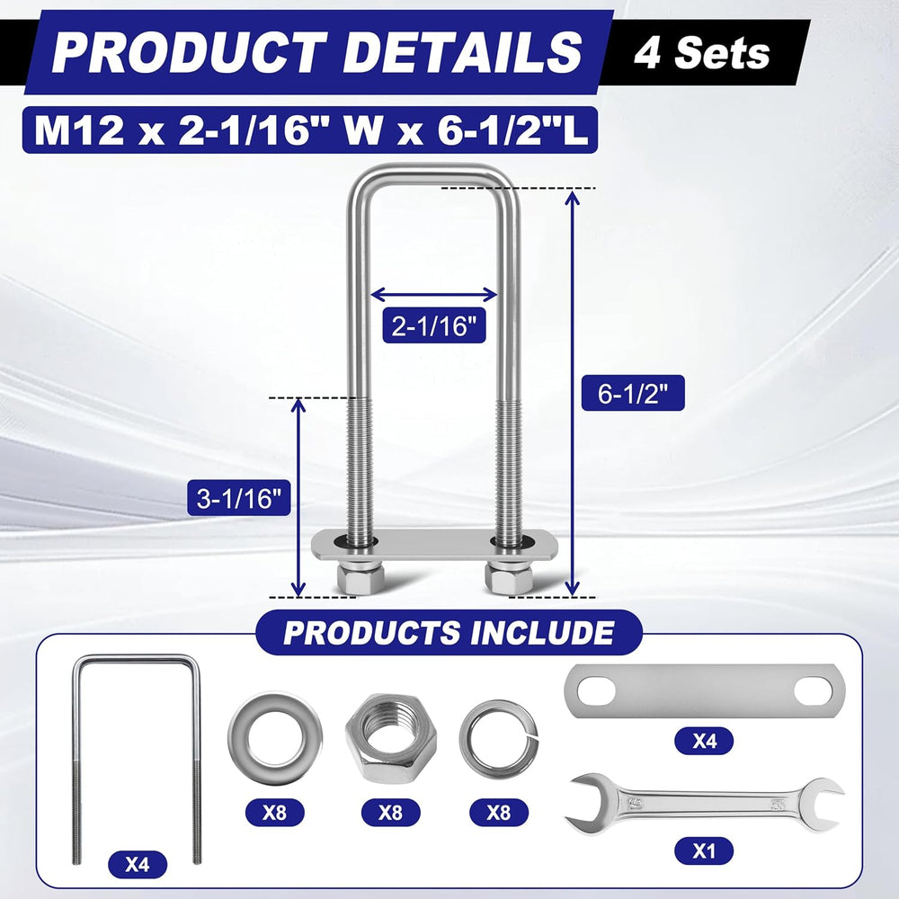 4 Sets M12 Square U Bolts 2 Inch Wide, 1/2" x 2-1/16" W x 6-1/2"L