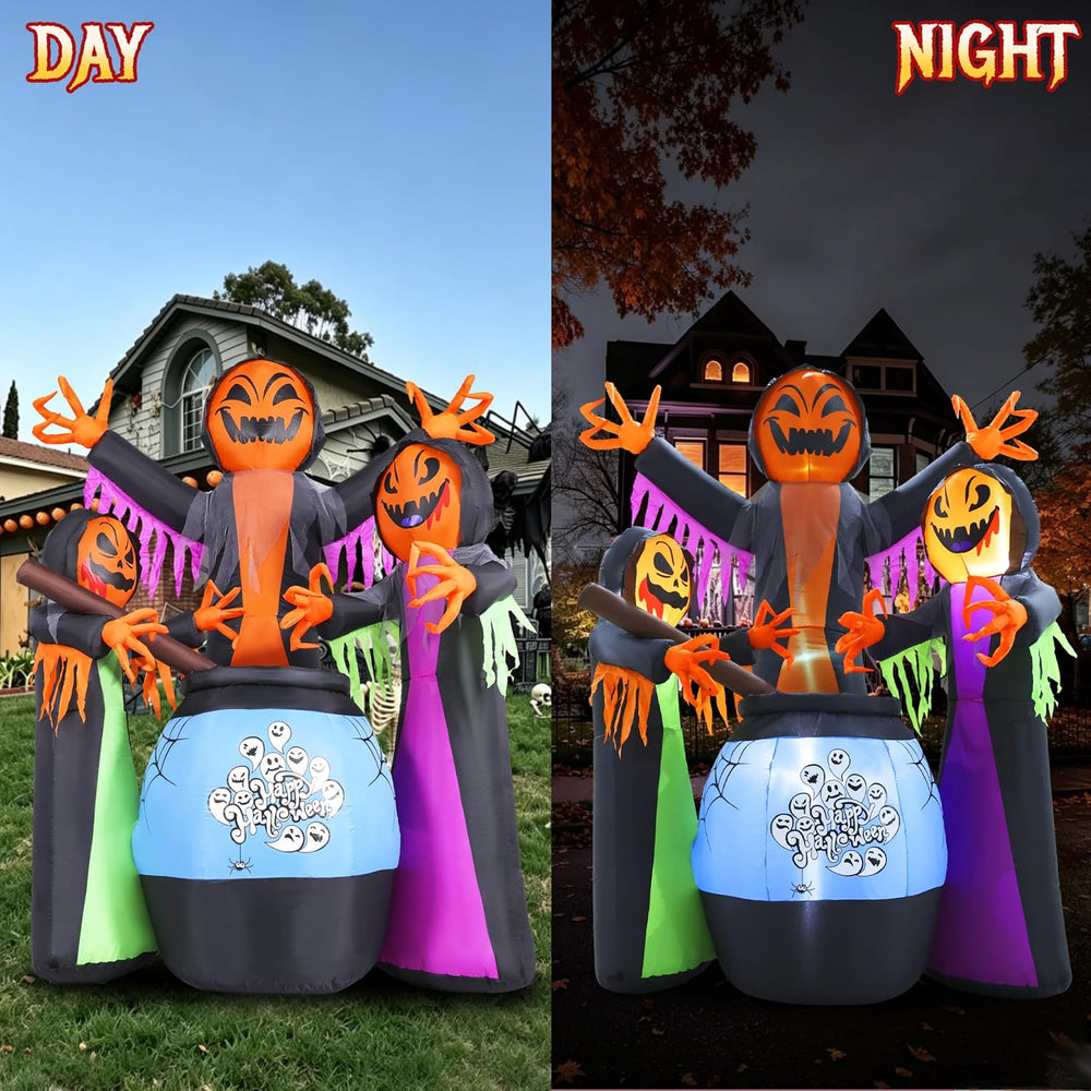 8FT Halloween Inflatables Three Witch Around Cauldron with Light Yard Decor