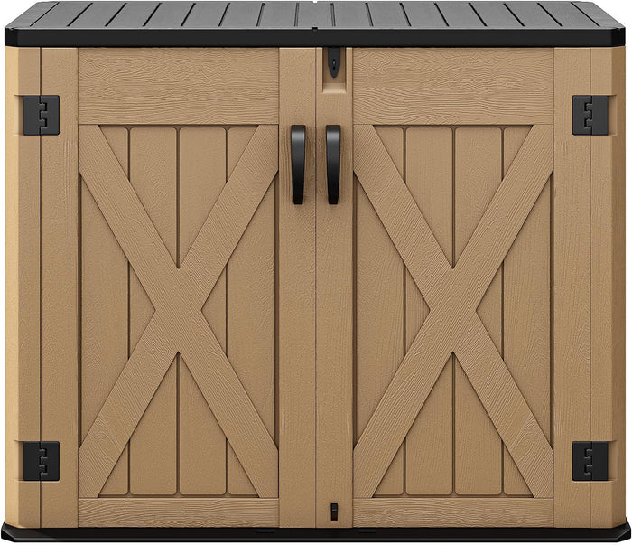 DWVO Outdoor Storage Shed, Weatherproof Resin, 35 Cu Ft Capacity, Horizontal Design, X-Shaped Lockable Door, Suitable for Bike, Garden Tools, Trash Cans, Brown
