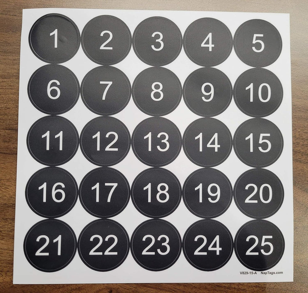 Nap Tags Black Numbered Circle Stickers, 1.5 inch Vinyl Decal, 1-100