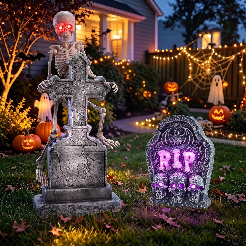 46" Halloween Animatronic Tombstone Decor, Sound‑Activated Swaying Skeleton