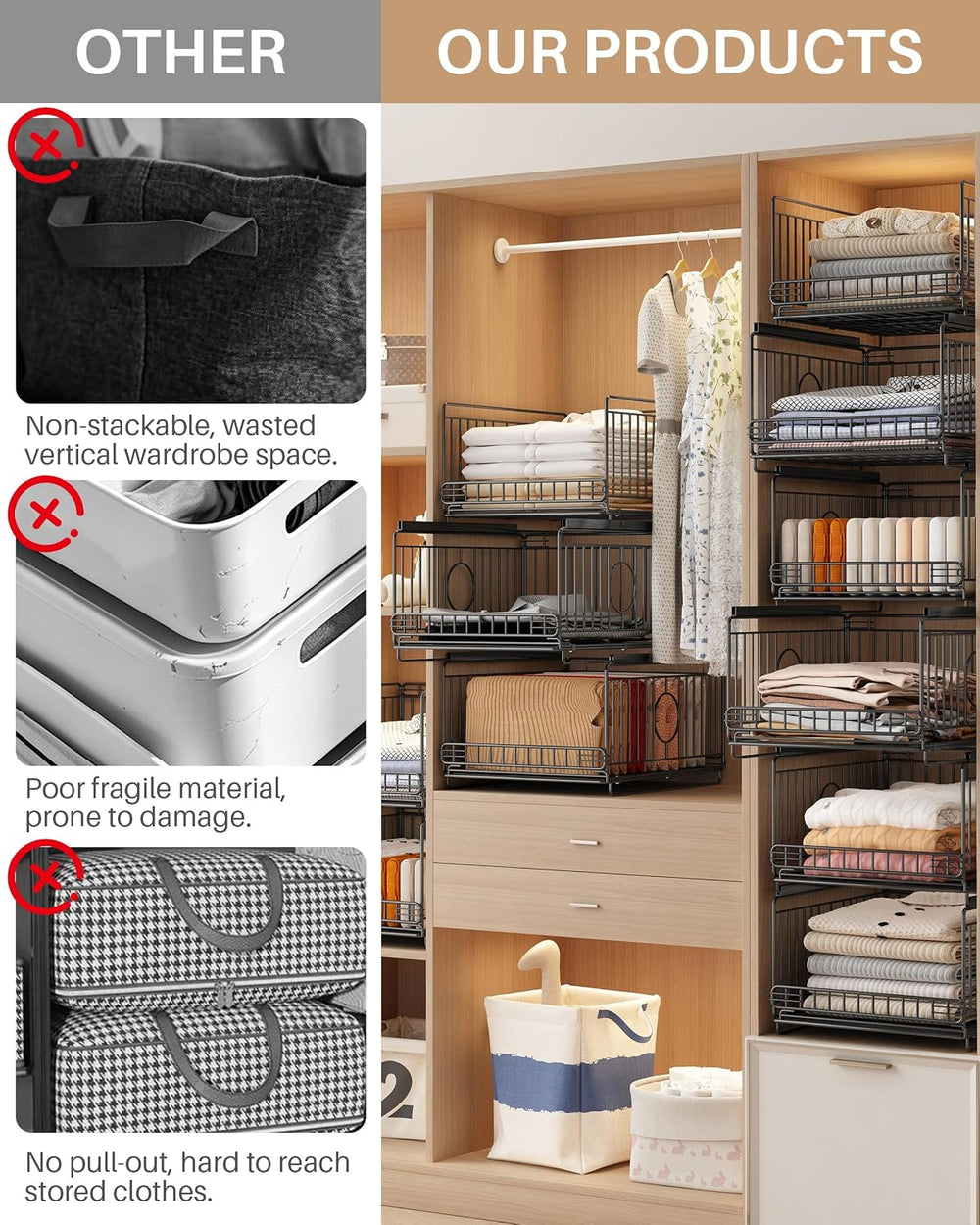 3 Pack Sliding Stackable Closet Organizer Storage Basket,Black