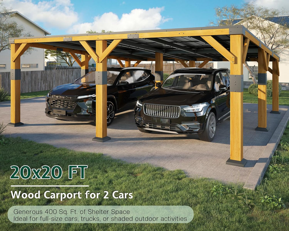 Jocisland 20x20x9.2 FT Heavy Duty Cedar Wood Carport for 2 Cars