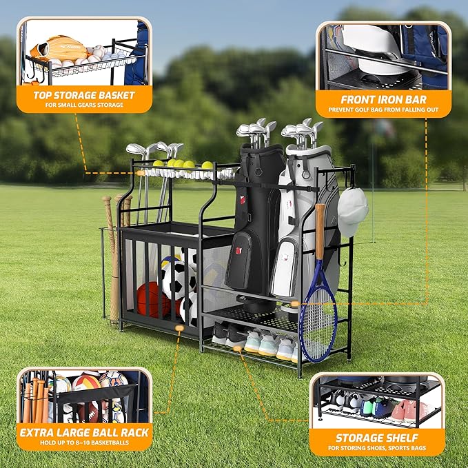 PLKOW Sports Equipment Organizer Rack, Garage Ball Rack, 2 Golf Bag Storage and