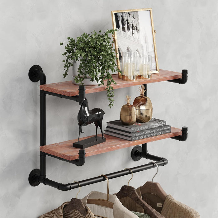 30in Industrial Pipe Clothing Rack, 2-Tier Wall Mounted