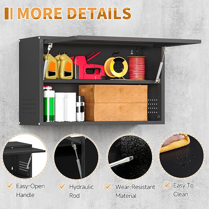 Metal Garage Wall Cabinet with Up-Flip Door, Upper Storage Cabinets with