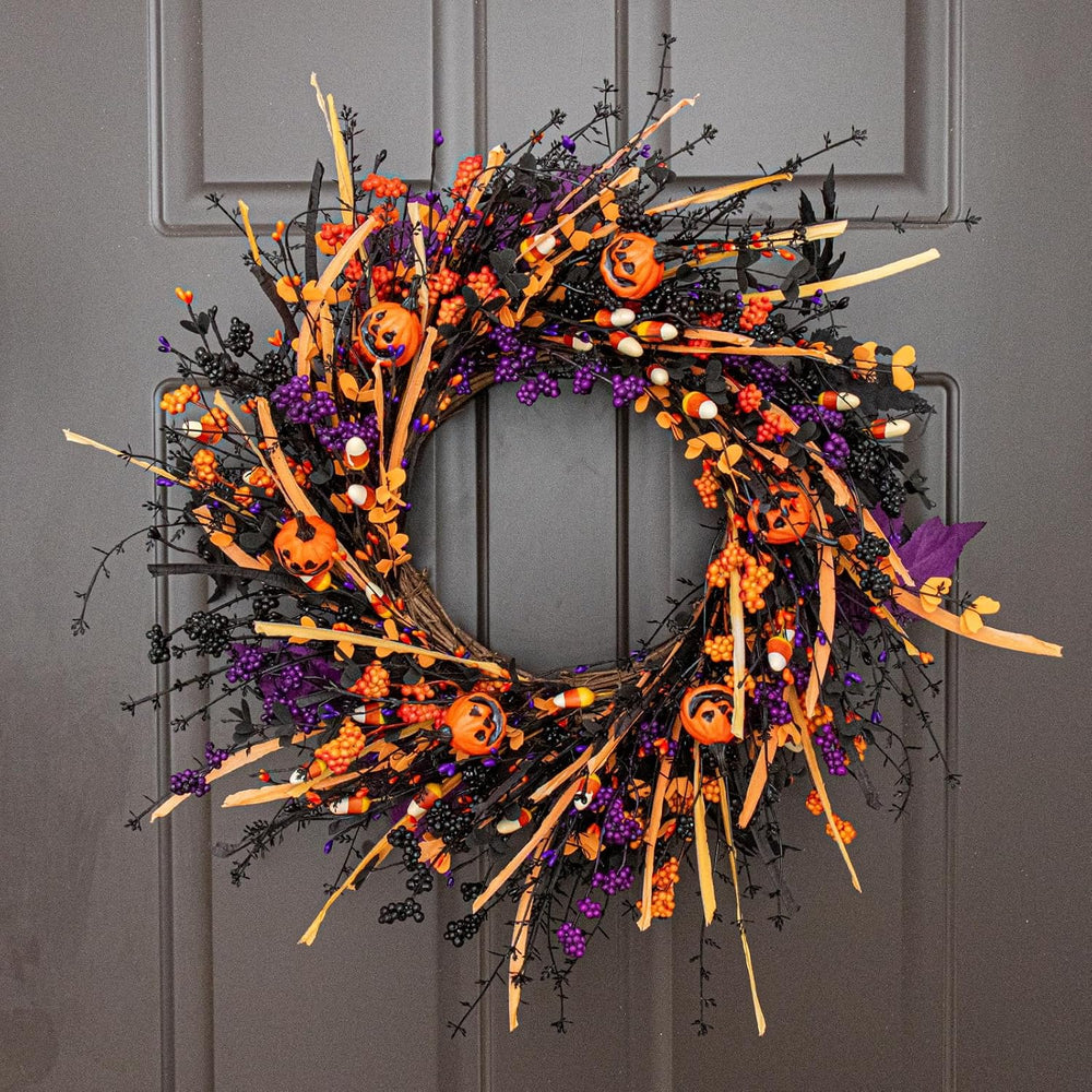 J'FLORU Black Halloween Wreath 22 Inch Artificial Halloween Wreaths for F...