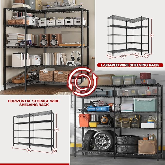 REIBII 5 Tier Wire Shelving Storage Shelves Loads 1430LBS