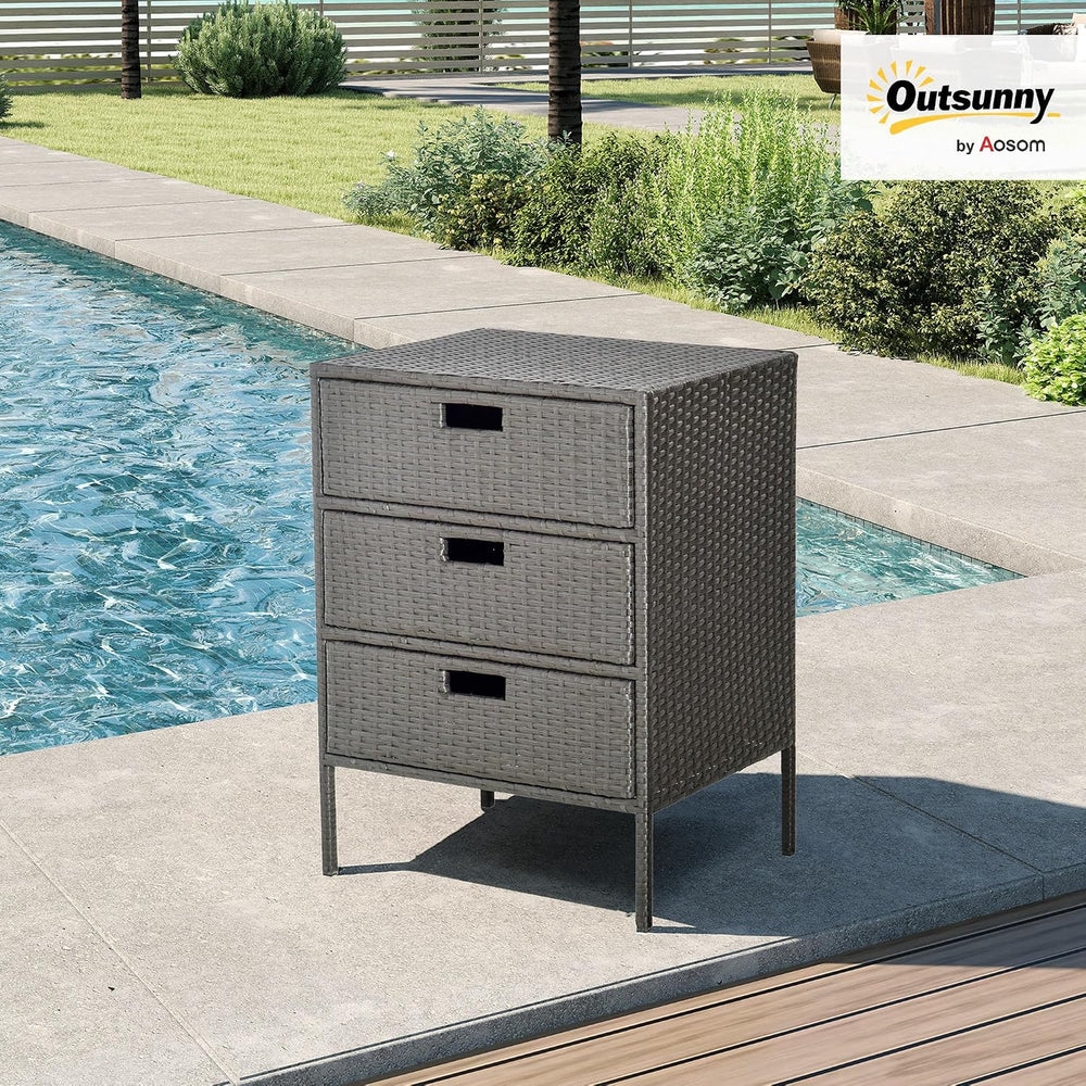 Outsunny Pool Towel Rack, PE Rattan Outdoor Towel Storage 3 Drawers, Brown