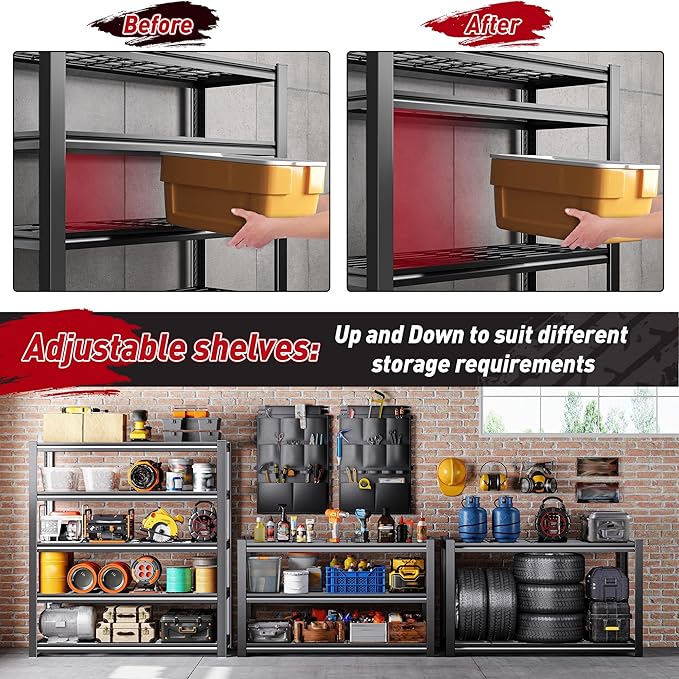 REIBII Storage Shelves, Heavy Duty Garage Shelving Load 2500LBS, 5-Tier Garage