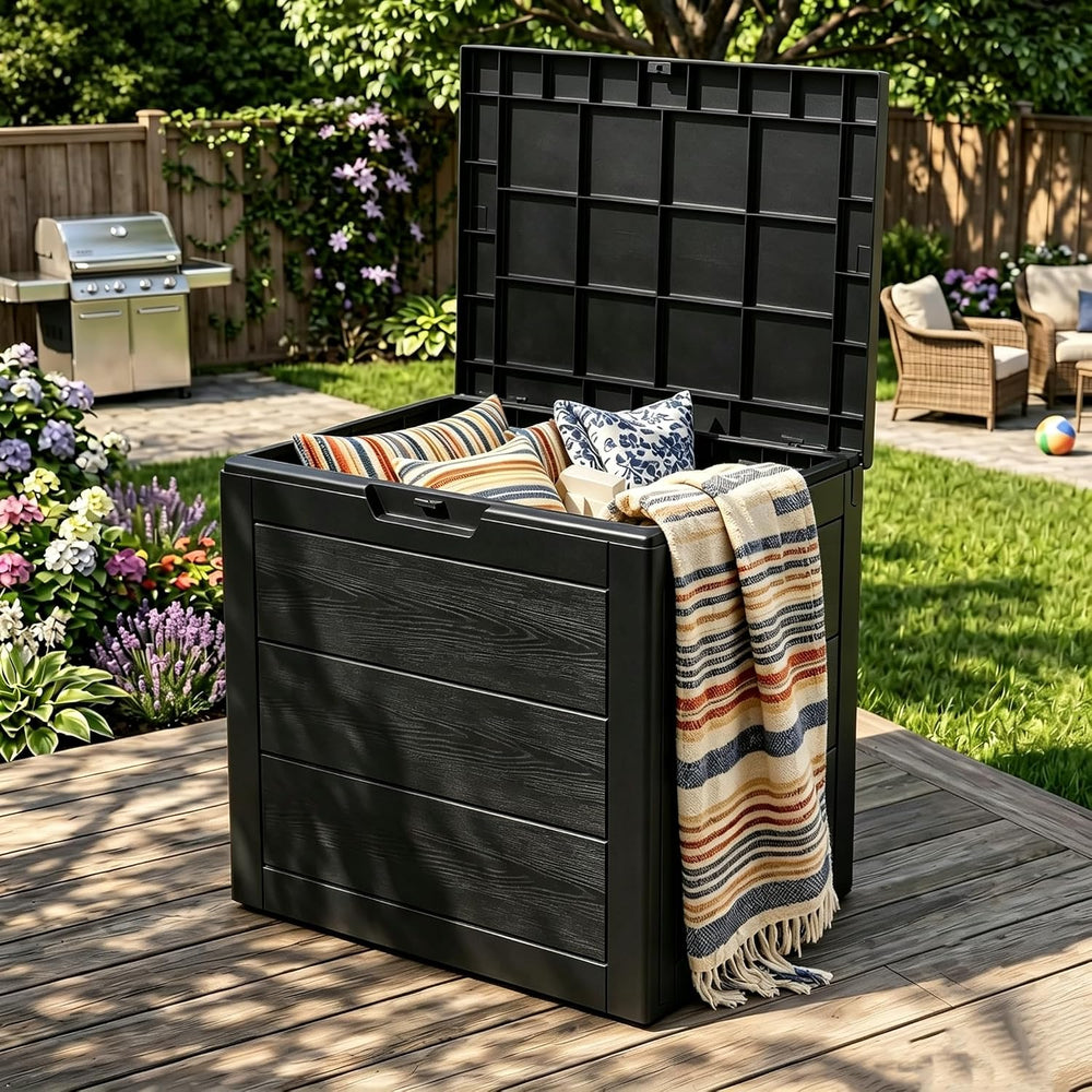 35 Gallon deck box outdoor waterproof, Resin Outdoor Storage, Black