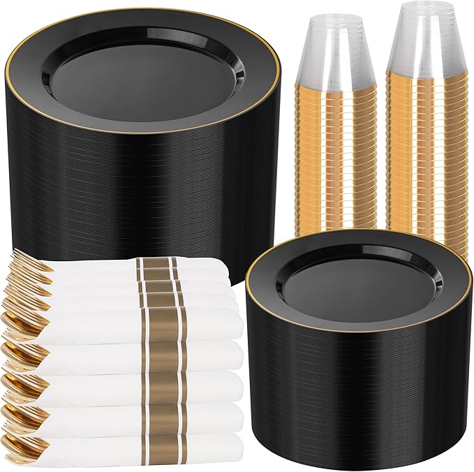 SUT 350 Pcs Black and Gold Plastic Dinnerware Set for 50 Guests, Include: 50 ...