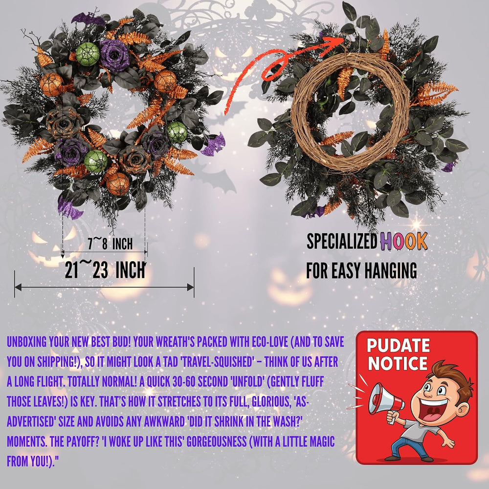 22 Inch Halloween Wreath for Front Door, Spooky Black & Purple Glitter Ro...