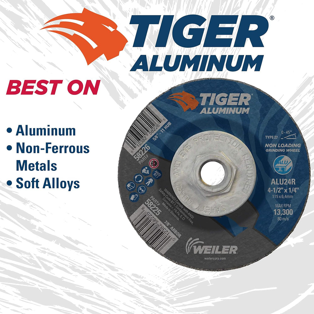 Weiler 58226 4-1/2 x 1/4 Tiger Aluminum Type 27 Grinding Wheel ALU24R 5/8-11 ...