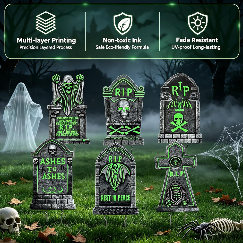 6pcs Solar Glow in the Dark Grave Halloween Decor Tombstone Yard Sign Stake