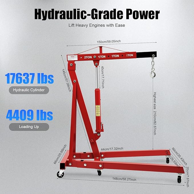 2 Ton Engine Hoist, Folding Hydraulic Engine Crane Red, Heavy Duty Cherry