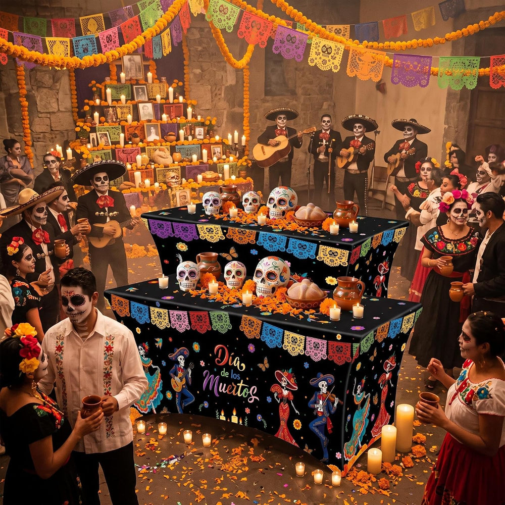 Moukeren 2 Pcs Day of The Dead Tablecloth 6 ft Halloween Dia De Los Muertos