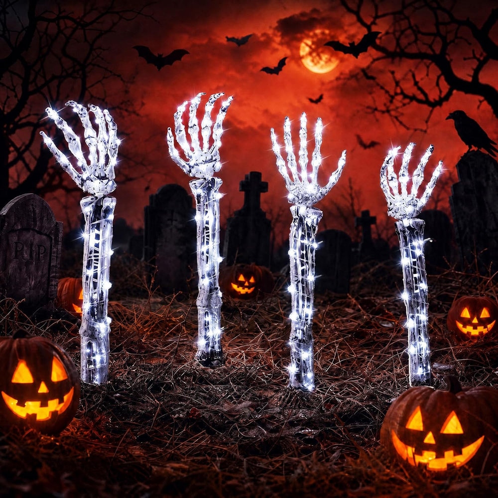 Halloween Skeleton Arm Stakes 4‑Pack, 160 White LED Battery‑Powered Lights
