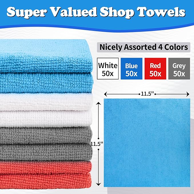 FIXSMITH Shop Towels, Microfiber Cleaning Cloth Bulk, 200 Pack Microfiber Towels