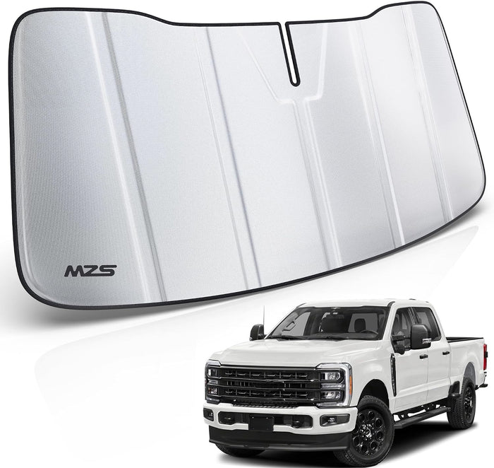 MZS Windshield Sun Shade Compatible with F250 F350 F450 F550 F600 2023-2026, Foldable Truck Sun Shade Shield with Storage Pouch, Front Window Visor Sunshade Accessories for Interior Protector