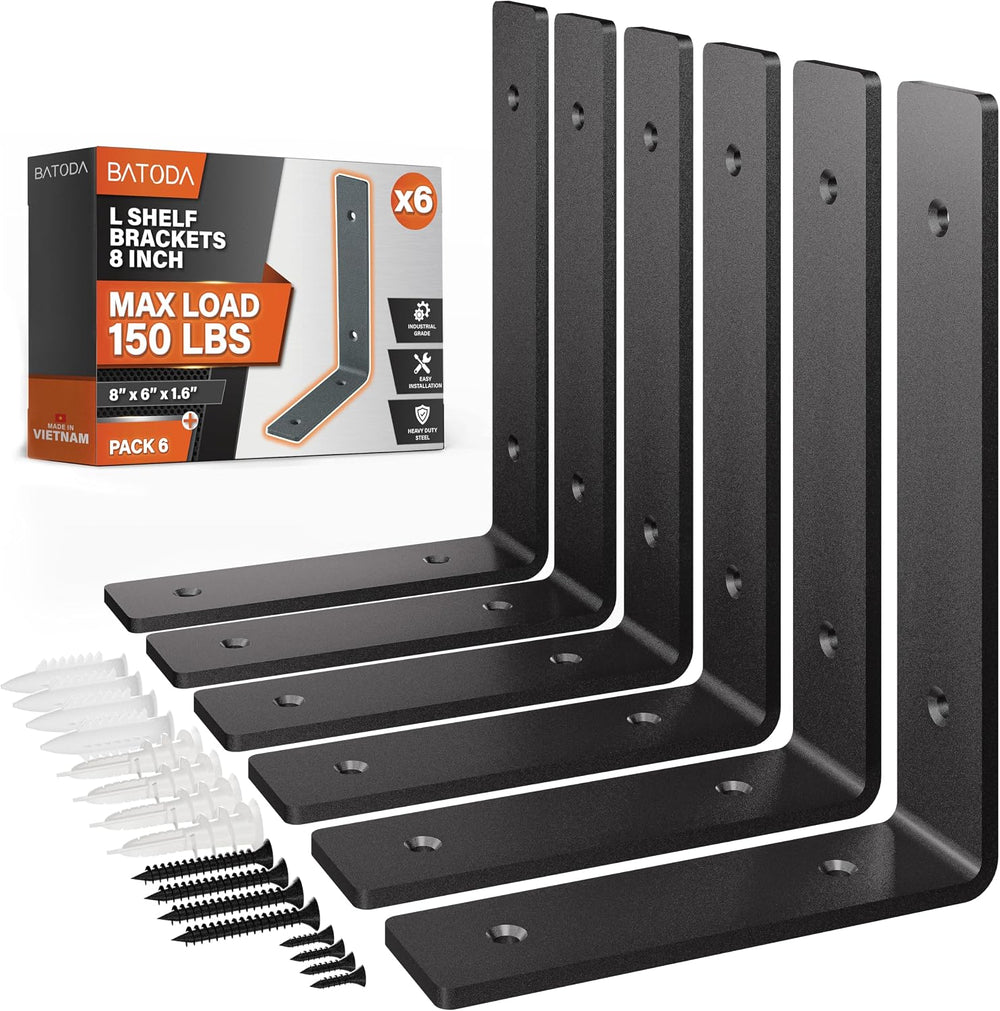 BATODA 8" Heavy Duty Shelf Brackets for Floating Shelves,Pack 6 Black Steel