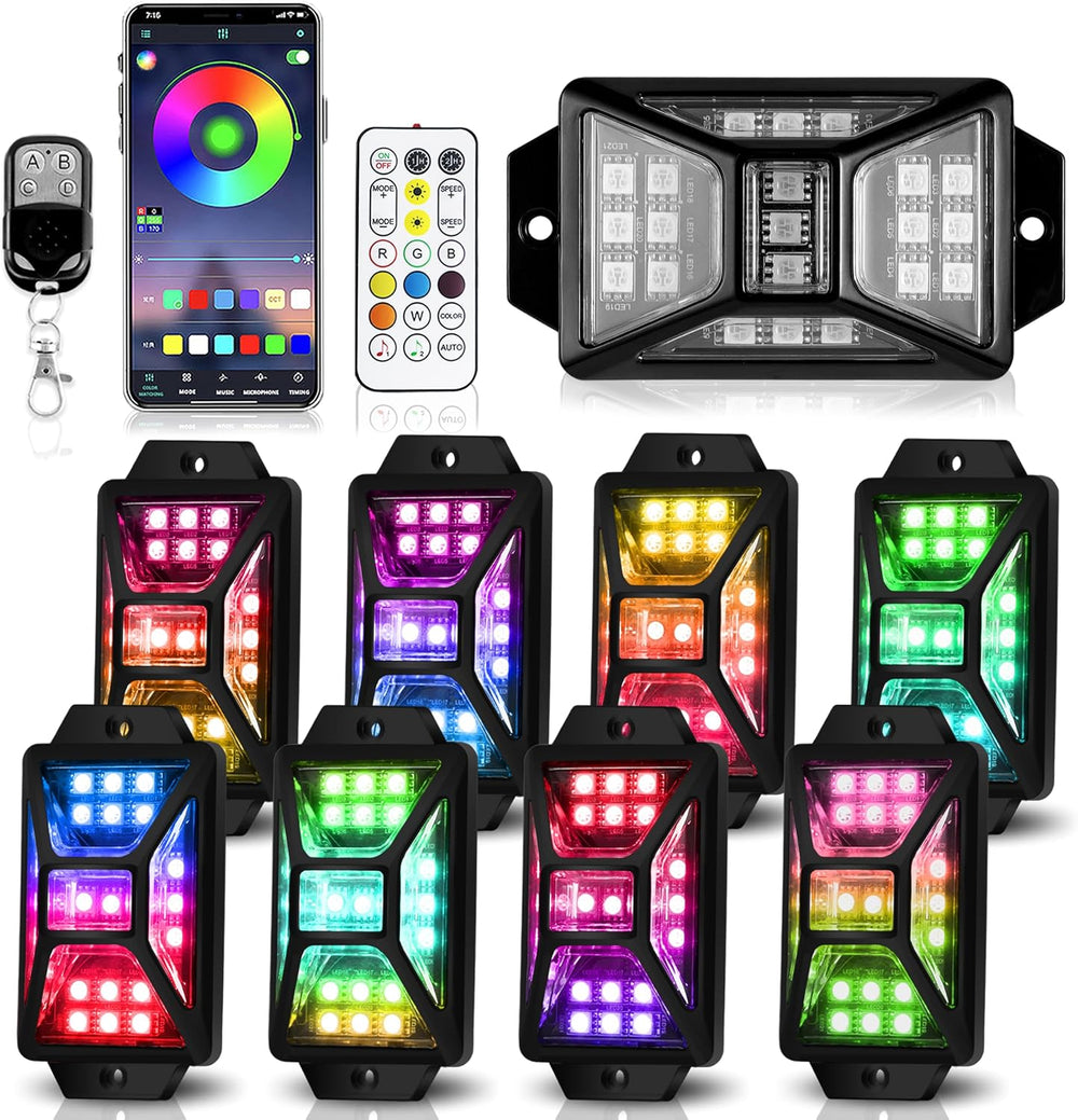 8 Pods 5 Sides Full Angle RGB Rock Lights for Trucks, App & Remote Control