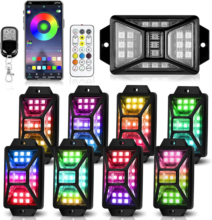 8 Pods 5 Sides Full Angle RGB Rock Lights for Trucks, App & Remote Control