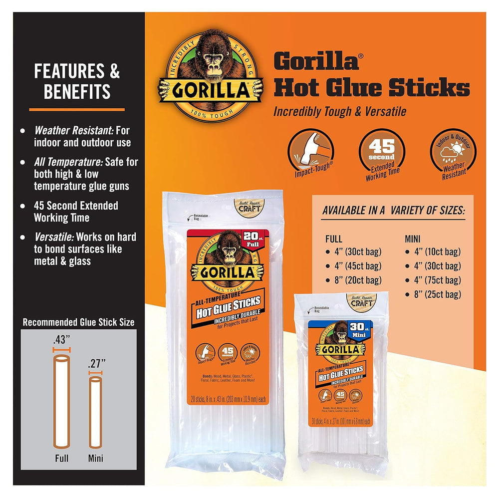 Gorilla Hot Glue Sticks, Clear Glue, Mini Size 8" Long x 0.27" Diam...