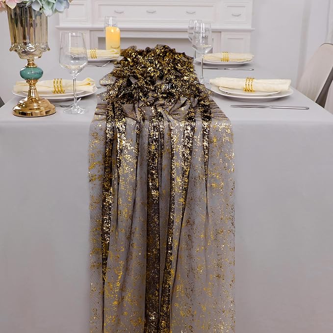 Snowkingdom 6 Pcs Black & Gold Cheesecloth Table Runner 10 FT, Sheer Chif...
