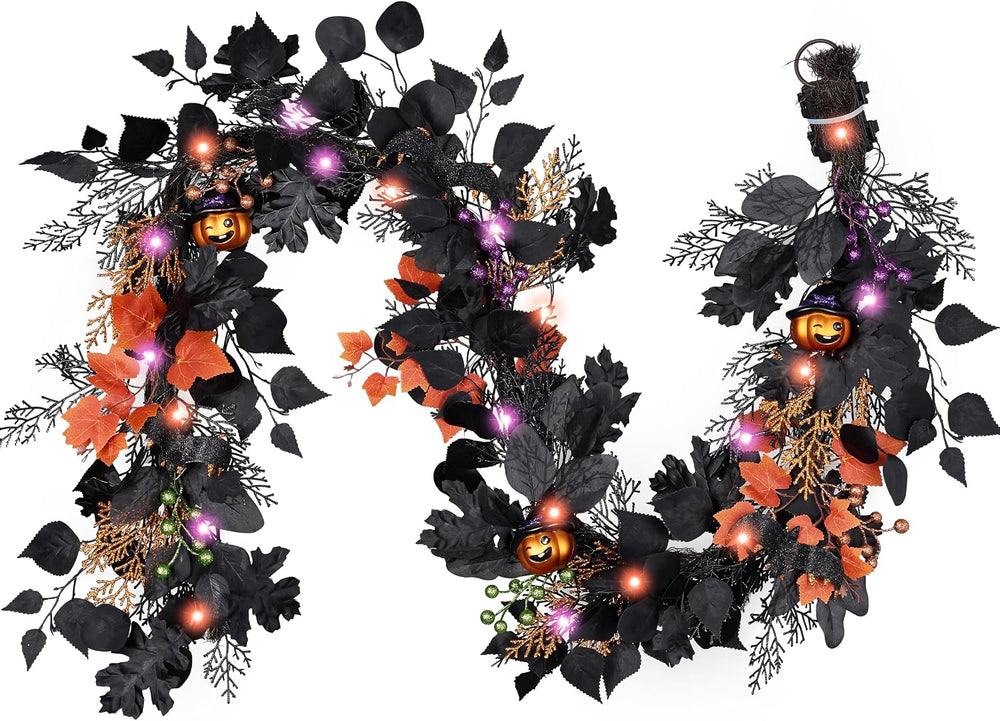 DecorbyHannah 6ft Halloween Garland for Mantle with Lights Pumpkin Decor