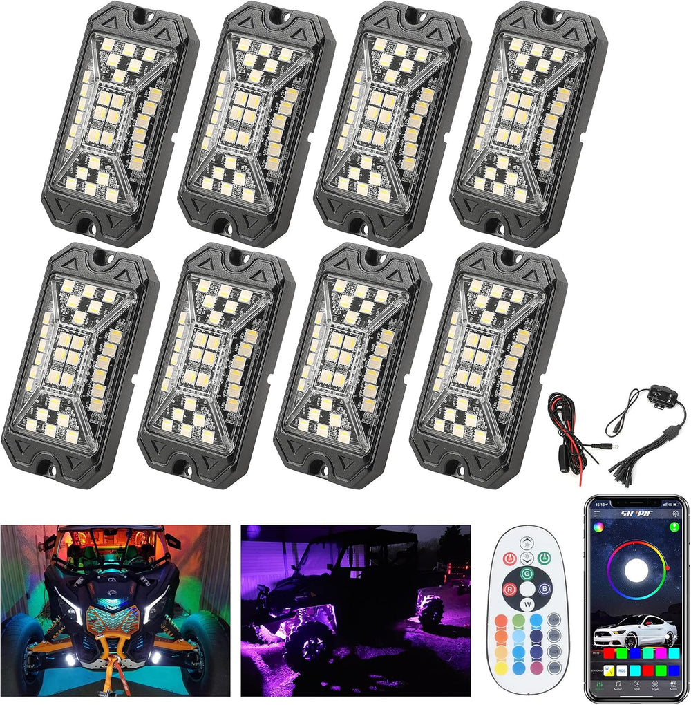 SUNPIE 8 Pods RGBW Rock Lights – Full Beam Angle, 30 High Power Chips, Alumin...