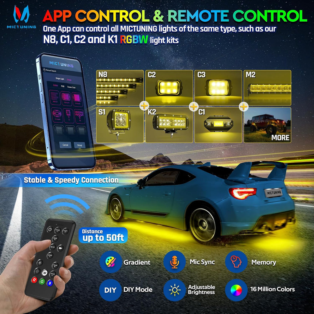 MICTUNING N8 Aluminum RGBW Car Underglow Light Kit with APP & Remote Cont...