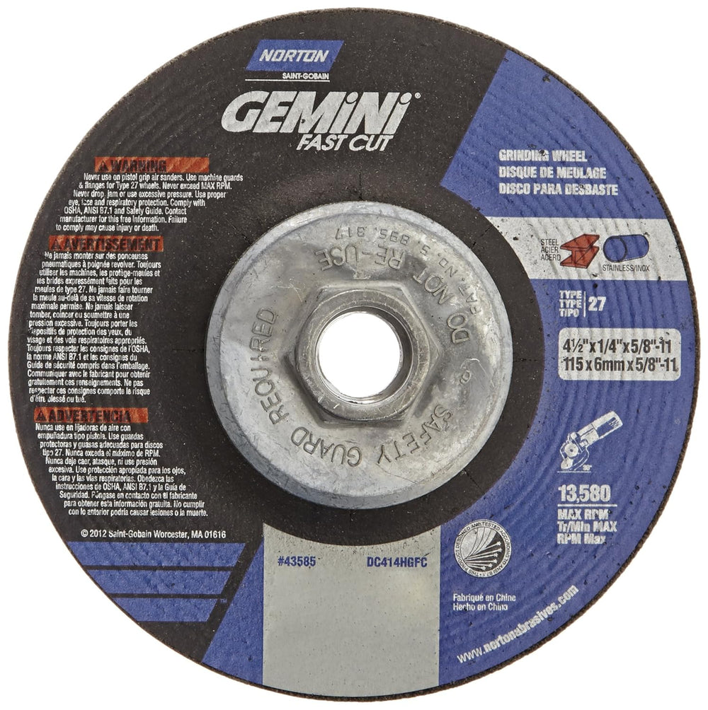 Norton Abrasives Grinding Wheel, Gemini Fast Cut Grinding Wheel, 4 1/2 for Ri...