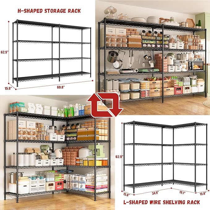 REIBII 69.8" W Storage Shelves 1250LBS Wire Shelving Unit 4 Tier Metal S...
