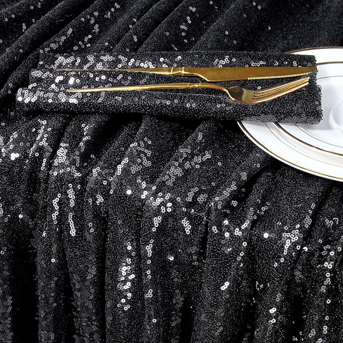 QueenDream Seamless Sequin Tablecloth 90x132 Inch Black Rectangular Tableclot...