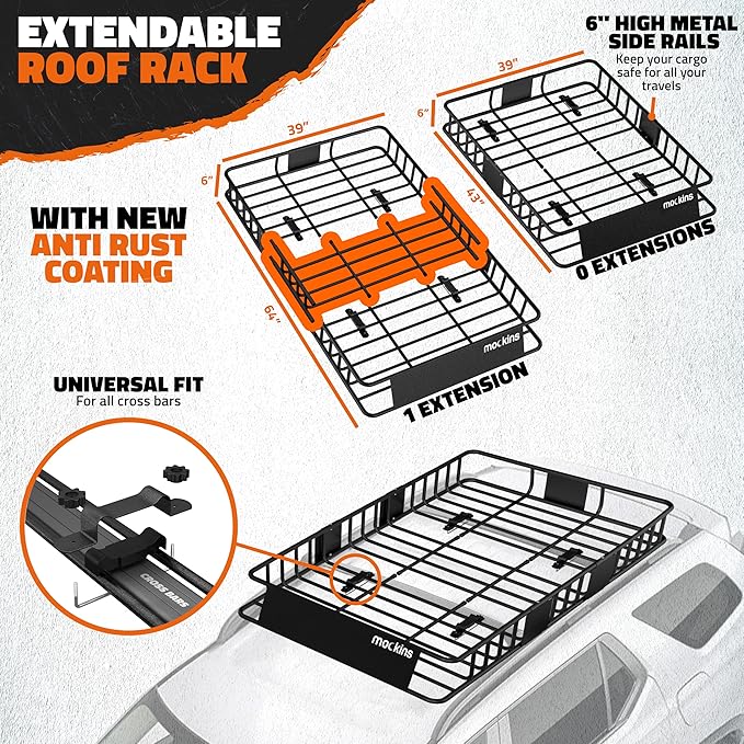Mockins 64"x39"x6" Extendable Heavy Duty Roof Rack Basket w/ 1...
