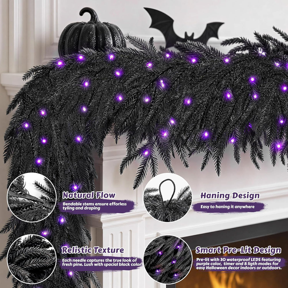 DOIOWN Pre-Lit 6FT Black Norfolk Pine Halloween Garland